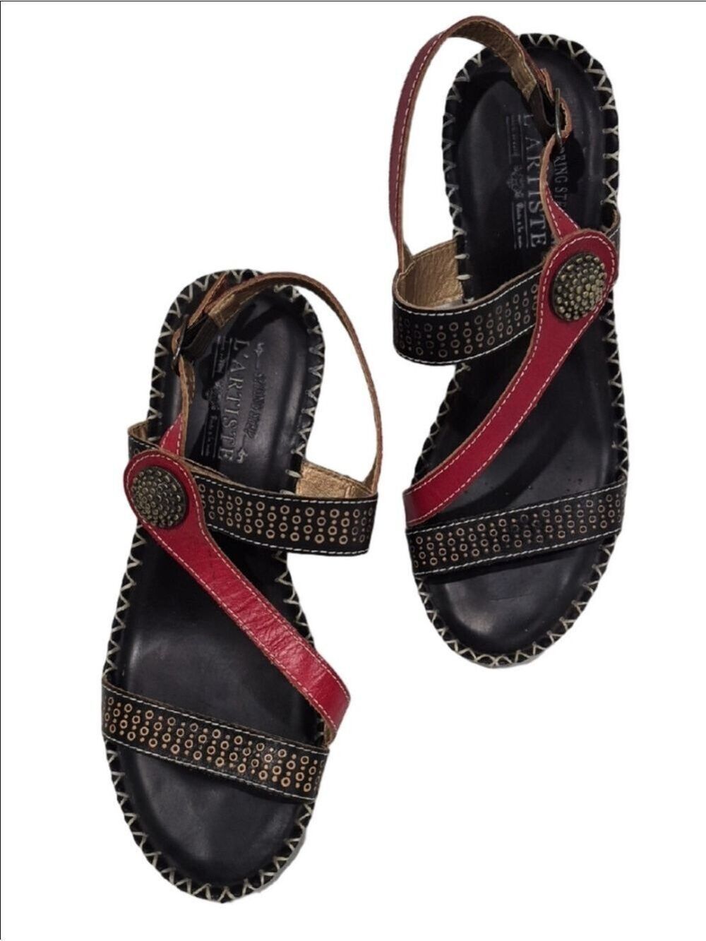L'artiste Red and Black Stud Accent Leather Slingback Sandals